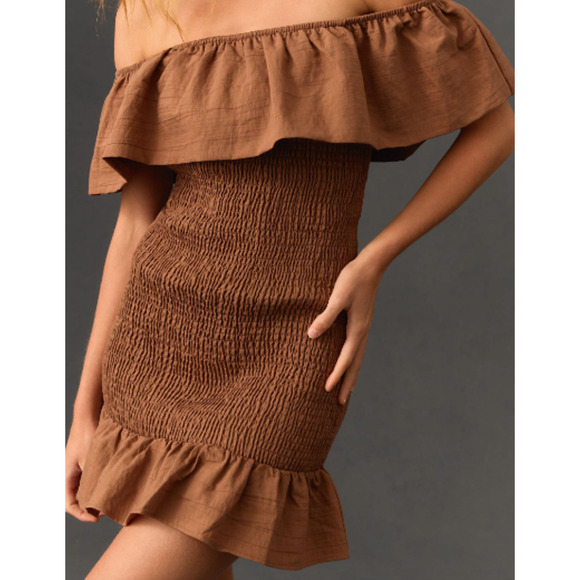 NWT By Anthropologie Off-The-Shoulder Smocked Mini Dress Chocolate Brown Size L - Picture 1 of 13